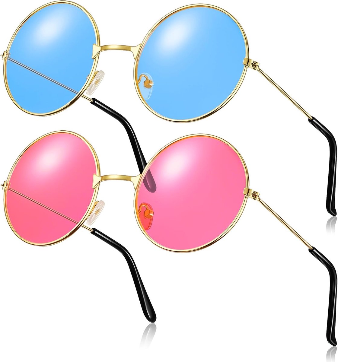 Zonnebrillen hippie retro hippie voor heren en dames (blauw en roze, ronde vorm)