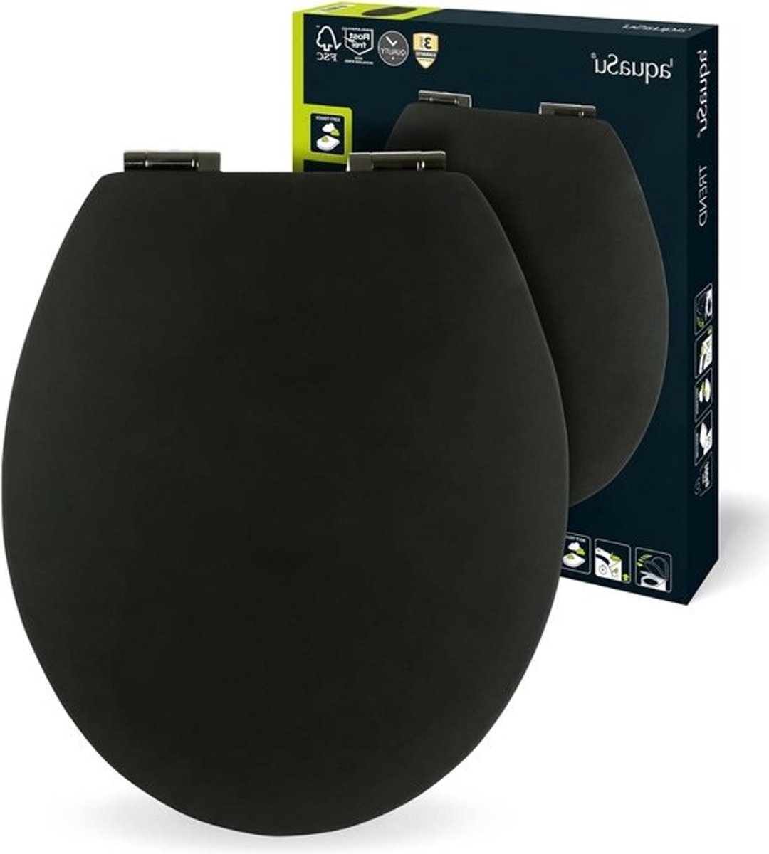 Wc-bril met softclose zwart - houten kern - Fast-Fix bevestiging - universeel - motief wc-deksel - fluweelzacht