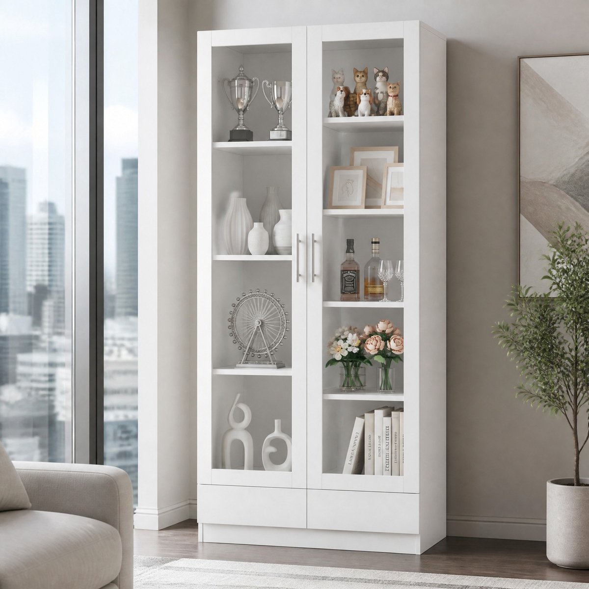 WUVRIE Vitrinekast 80x40x160 cm - 2 glazen deuren en 2 lades - Wit