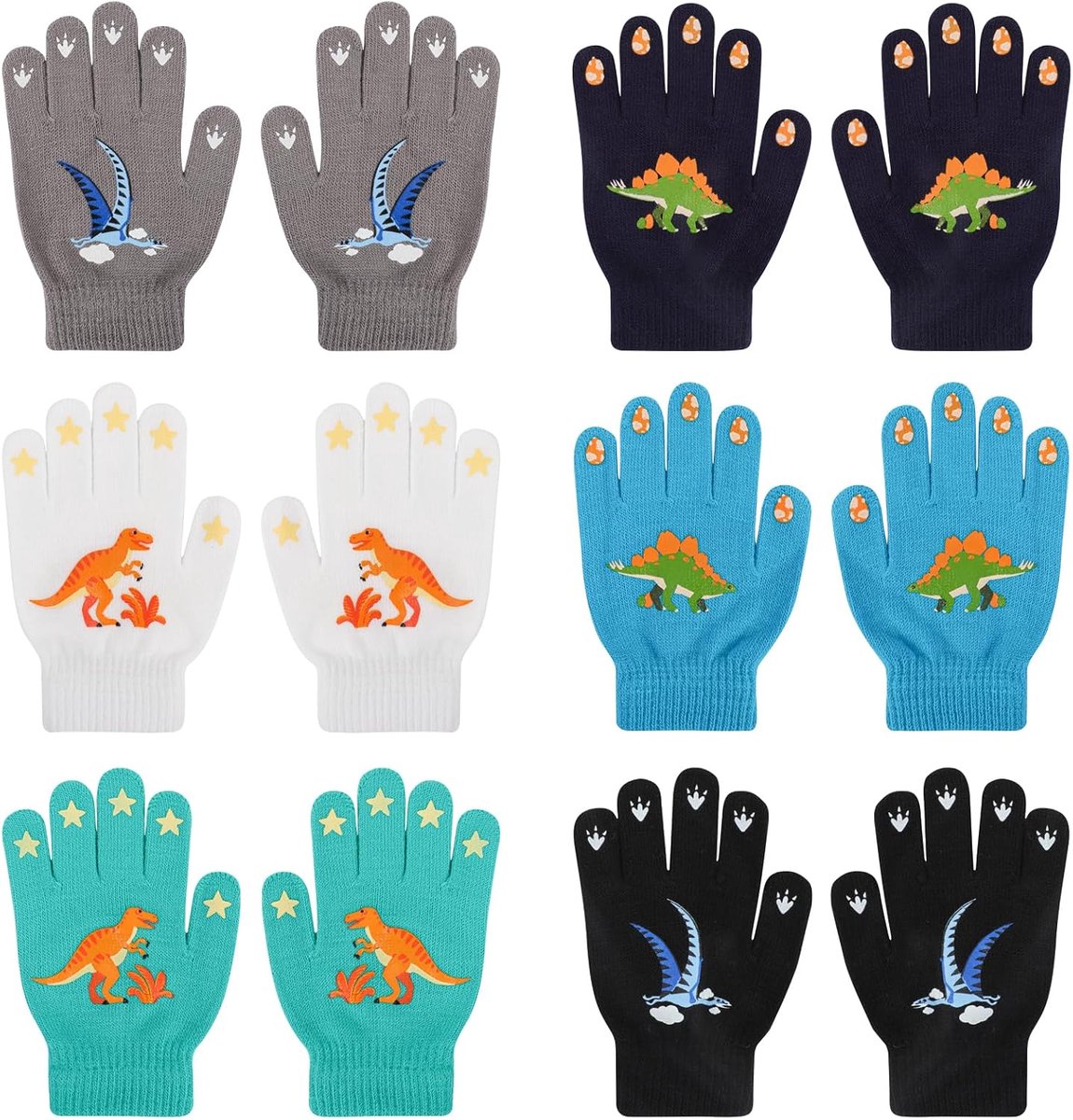 Handschoenen Dinosaurussen Winter Gebreide Warme Volledige Vinger Rekbare Handschoenen voor Kinderen 4-9 Jaar 6 Paar