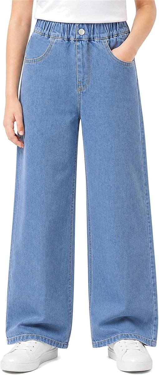 Jeans Girls Baggy Wijde Broek Denim Broek Met Elastische Taille Denim Broek Casual Blauwe Broek Met Zakken Wijde Broek Stretch Jeans Streetwear Mode Broek Voor 9-10 Jaar, Maat 146