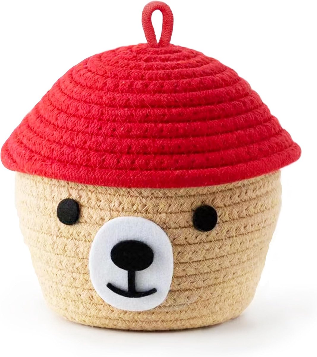 Beermand van handgeweven katoenen touw, opslag voor thuis, decoratie voor kinderkamer en woonkamer, speciaal voor speelgoed, sleutels en accessoires, rood deksel, 17 x 15 x 17 cm