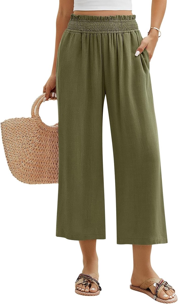 Broek dames 7/8 lichte zomerbroek dames elegant katoen linnen luchtige broek wijde pijpen zomer broek losse vrijetijdsbroek met zakken elastische tailleband