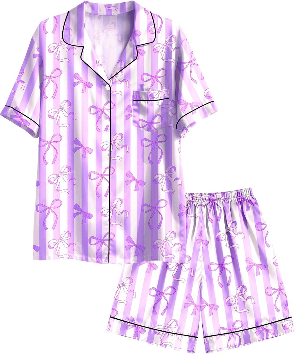 Pyjama Satijn Pyjama Set Zijden Pjs Korte Mouw Button Down Zomer Boog Nachtkleding voor Grote Kinderen 7-14Y