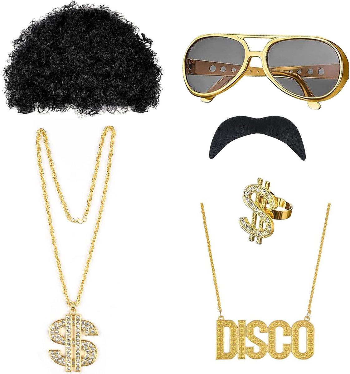 80-outfit voor heren, 6-delige kostuum, gouden ketting, carnaval, afropruik, gouden ketting, retro party, outfit voor carnaval, jaren '70/80 outfit, hiphop-kostuumset, goud, Eén maat