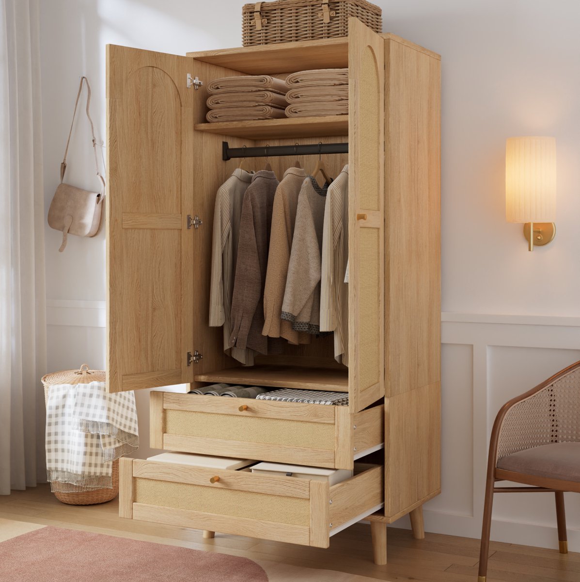 STILVORA Kledingkast - Rattanlook Met Kledingroede, Legplanken En 2 Laden - MDF - 80x50x180 Cm - Naturel