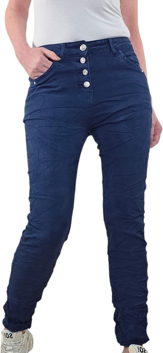 Jeans voor dames, basic boyfriend broek, keperstof broek met knoopsluiting