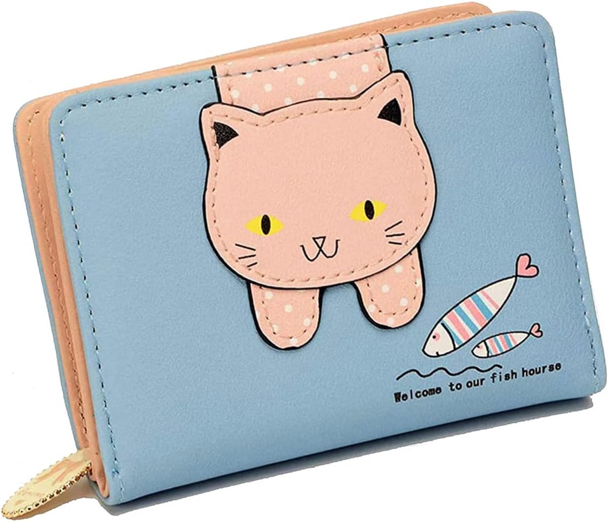 Dames katten portemonnee, kleine kat decoratie portemonnee, dames decoratie ritssluiting portemonnee, schattige portemonnee dames klein voor geschenken, meisjes, vrouwen, vrienden, jubileum (blauw), blauw, 12 * 10 * 3 cm, Casual