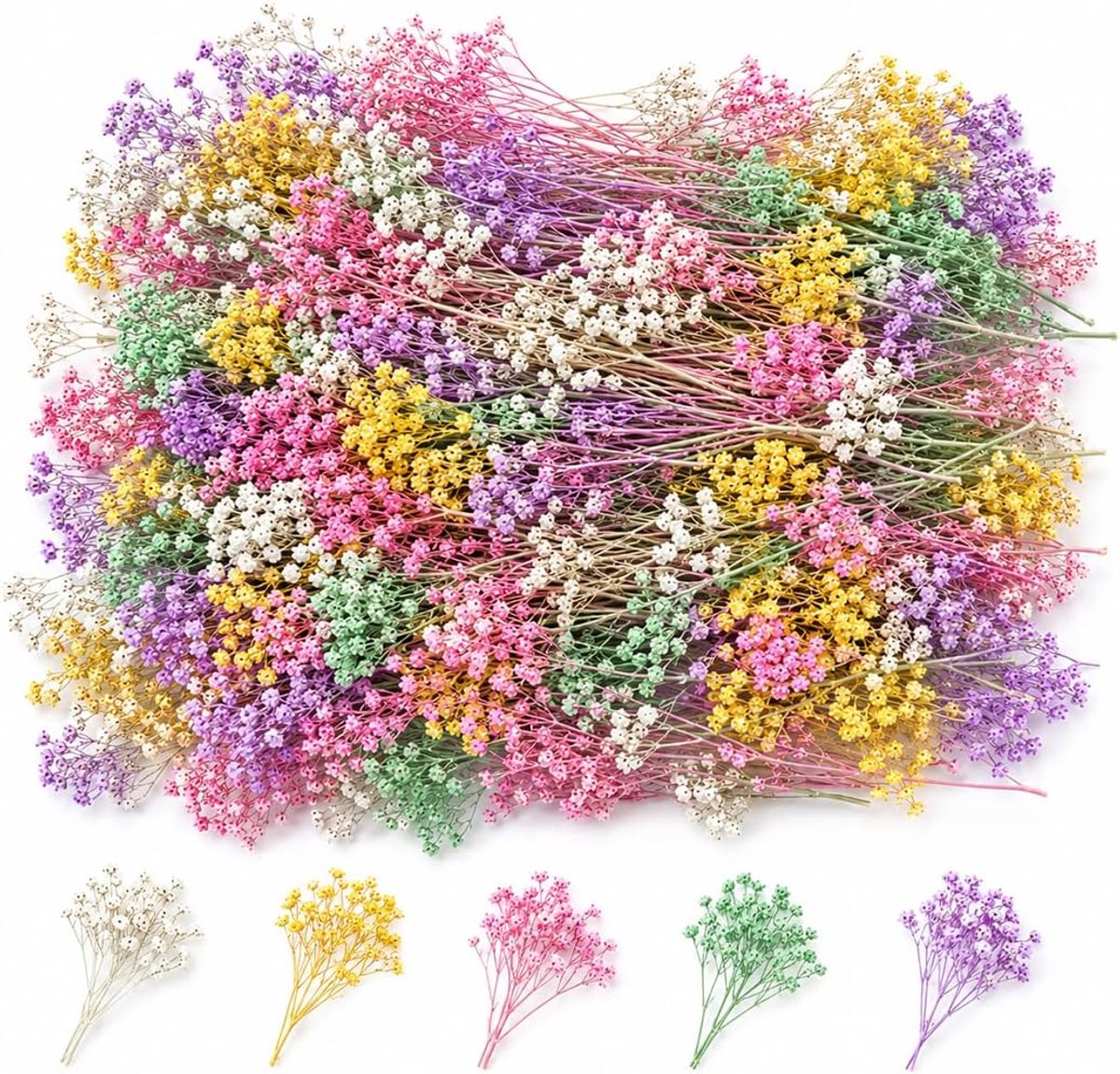 Mini gedroogde bloemen (50 stuks) – mix wit, geel, groen, roze, paars, standaardmaat, voor handwerk - ShopVlot