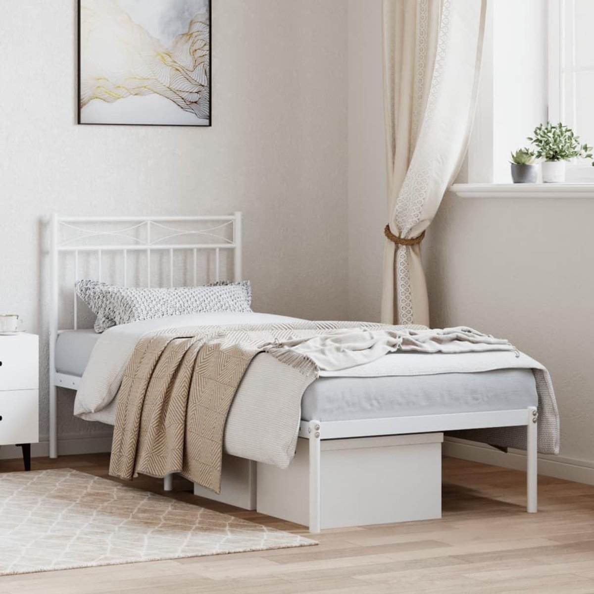Bedframe met hoofdeinde, metaal, wit, 75 x 190 cm, hotelbedframe, slaapkamer, bedframe voor woonkamer, slaapkamer