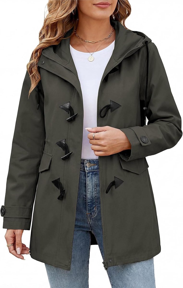 Damesjas voor tussenseizoen, middellange jas van katoen van hoge kwaliteit, jas met capuchon voor lente en herfst, casual vintage stijl met hoornknopen