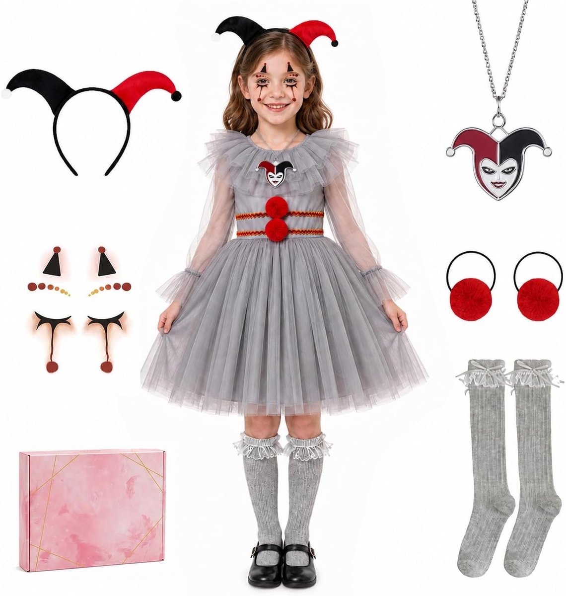 Clownkostuum voor kinderen, meisjes, Halloween-jurk met haarband, 2 haarelastiekjes, kniekousen, halsketting, clownneus en gezichtsstickers, tule jurk voor kinderen, carnavalskostuum, 120-140