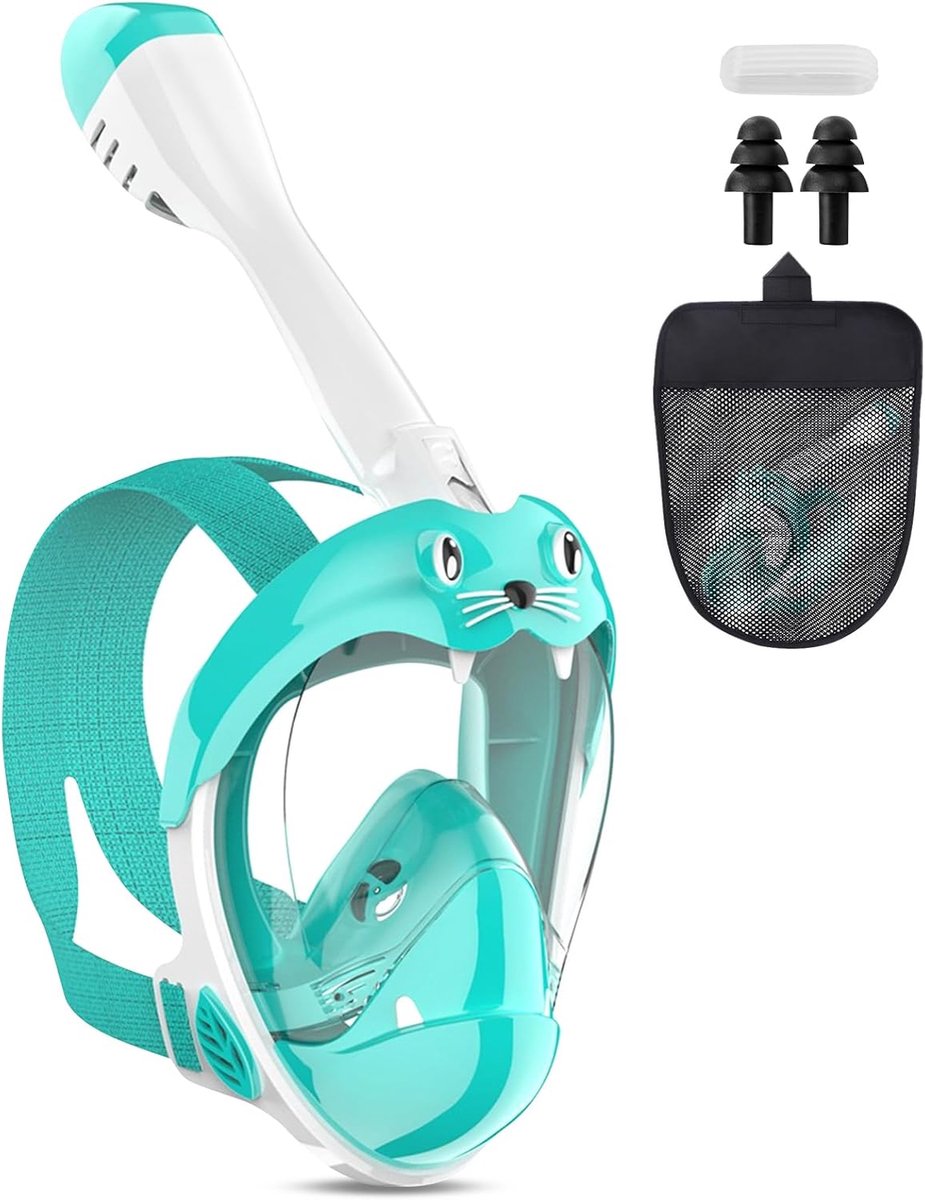 Snorkelmasker voor kinderen, duikmasker, volgelaatsmasker met snorkel, CO2-veilig duikmasker, 180° panoramisch zicht, met oordopjes en opbergtas, voor kinderen van 4-12 jaar (XS, groen)