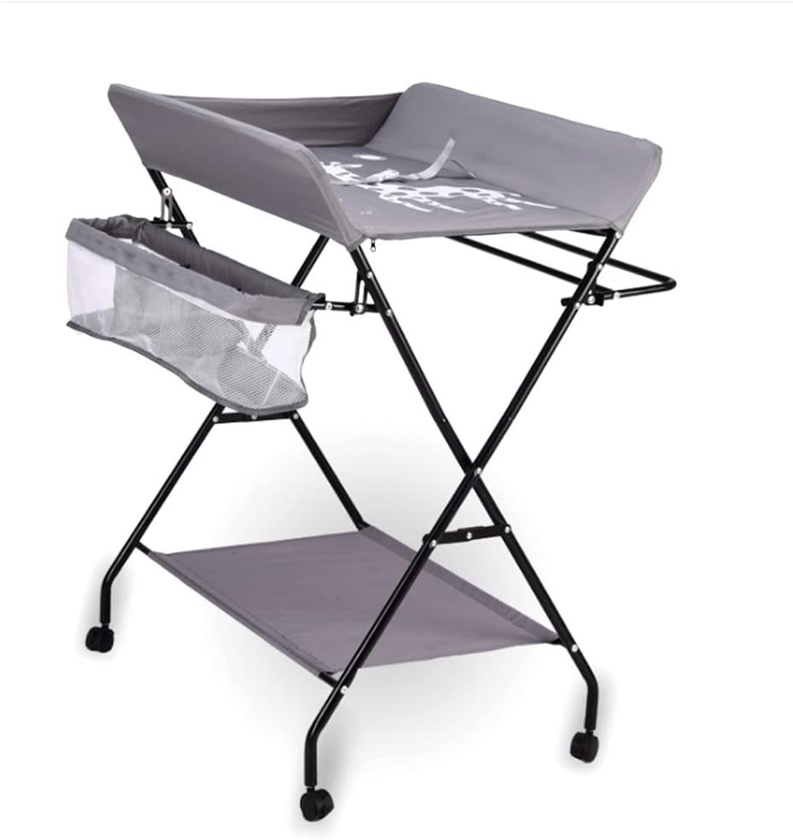 Mobiele badcommode opvouwbaar, opvouwbare commode mobiele commode met aankleedkussen, smal, veiligheidsgordel en opbergvakken (lichtgrijs)
