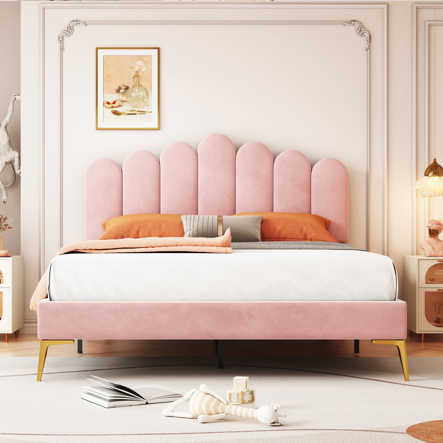 Merax Tweepersoonsbed 140 x 200 cm - met verstelbare hoofdeinde - roze - zonder matras