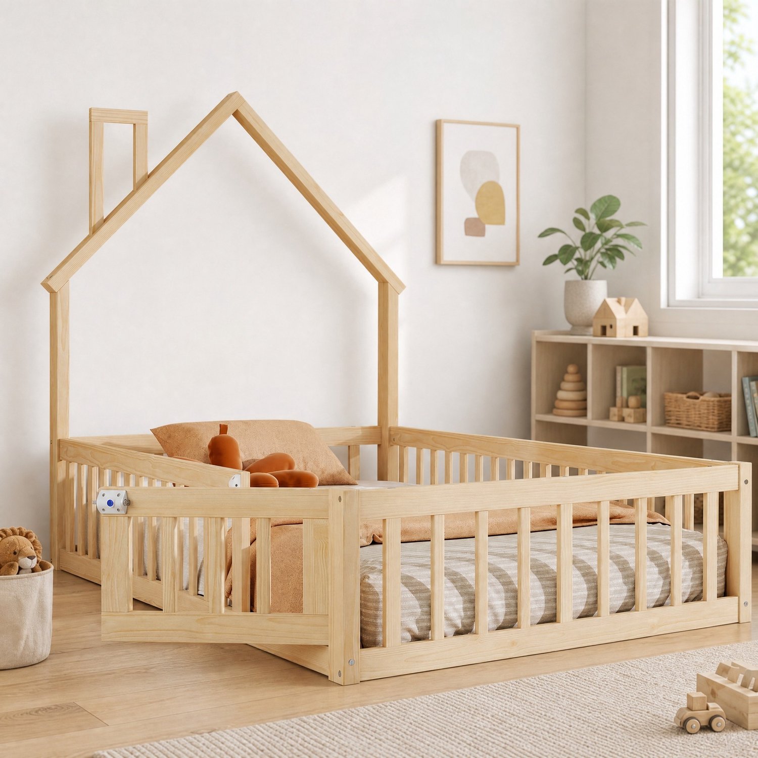 Kinderbed huisbed 90 x 200 cm - lattenbodem - veiligheidshekje - naturel