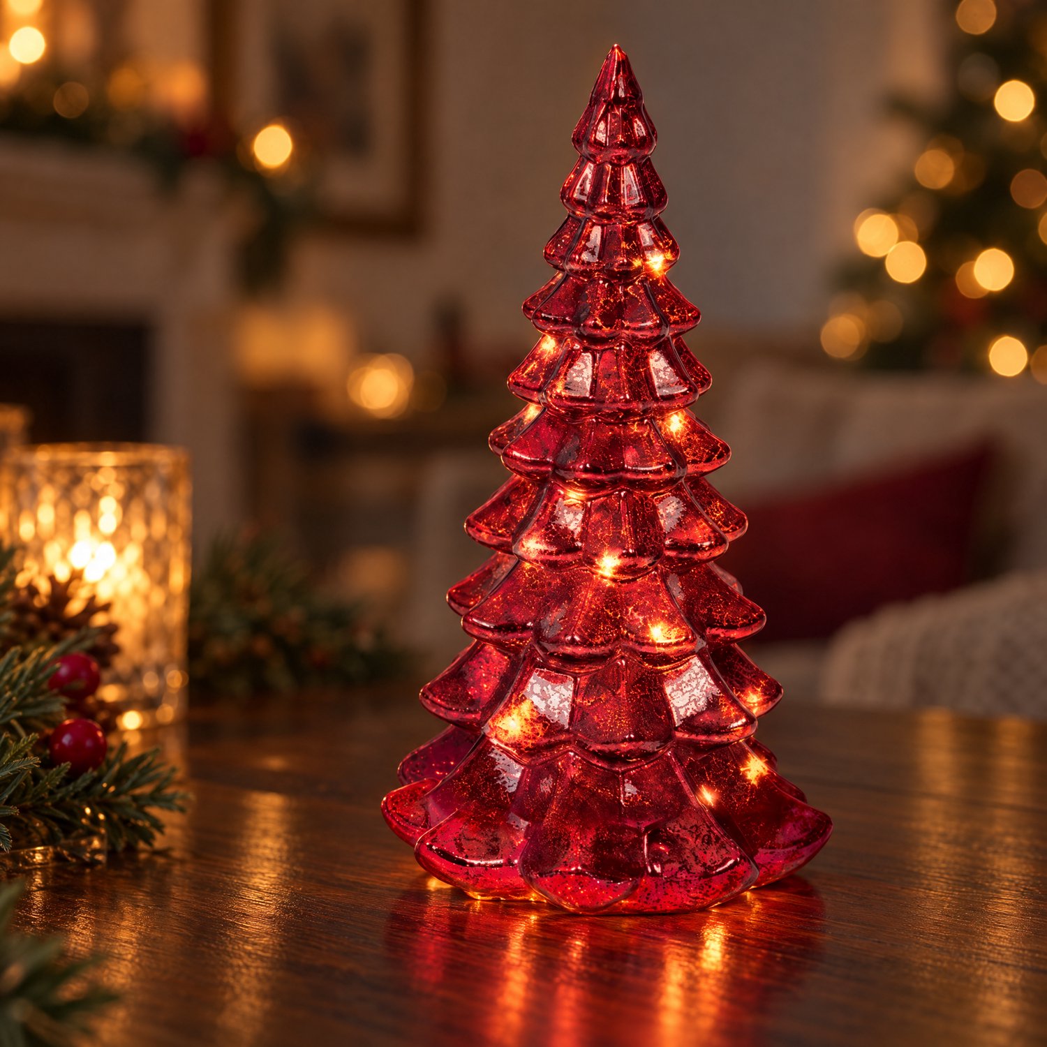 Cheqo® Glazen Kerstboom met LED Verlichting - Rood 20 cm - Verlicht Kerstboompje - Kerstdecoratie - Tafeldecoratie Kerst - Kerstversiering - Glazen Kerstfiguur - Kerstlampjes - Warm Wit - Werkt op Batterijen met Timer - voor Binnen