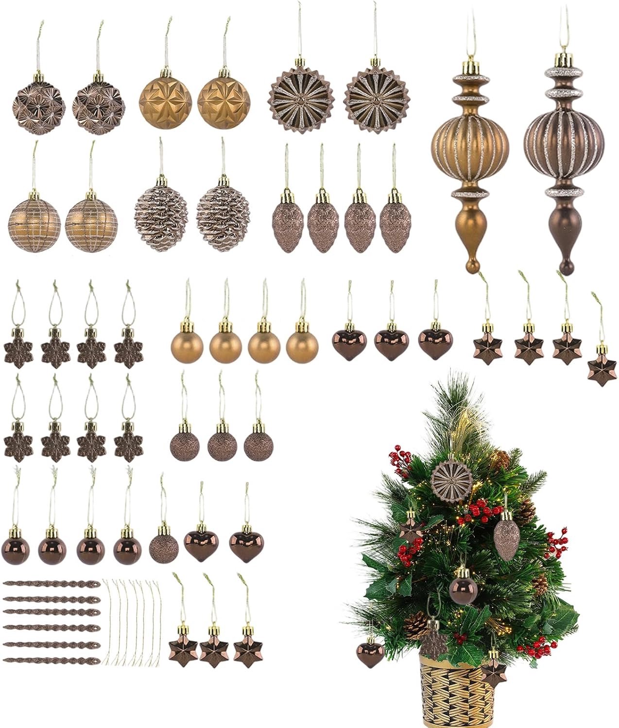 kerstballen - 73 stuks - brons goud - plastic materiaal - 2 tot 10cm - geschilderd ontwerp - kerstboom hangdecoratie - uil en dennenappel ornamenten - geschikt voor kerstfeest en interieur decoratie – foto 4