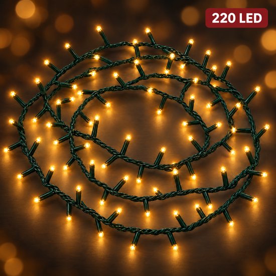 Cheqo® Kerstboomverlichting 220 LED - 5 Meter - Extra Warm Wit - Kerstverlichting - Kerstlampjes - Groen Snoer - Lichtsnoer - LED Verlichting voor Binnen en Buiten - Sfeerverlichting - Feestverlichting - Lichtslinger - Dimbaar met Timer - IP44