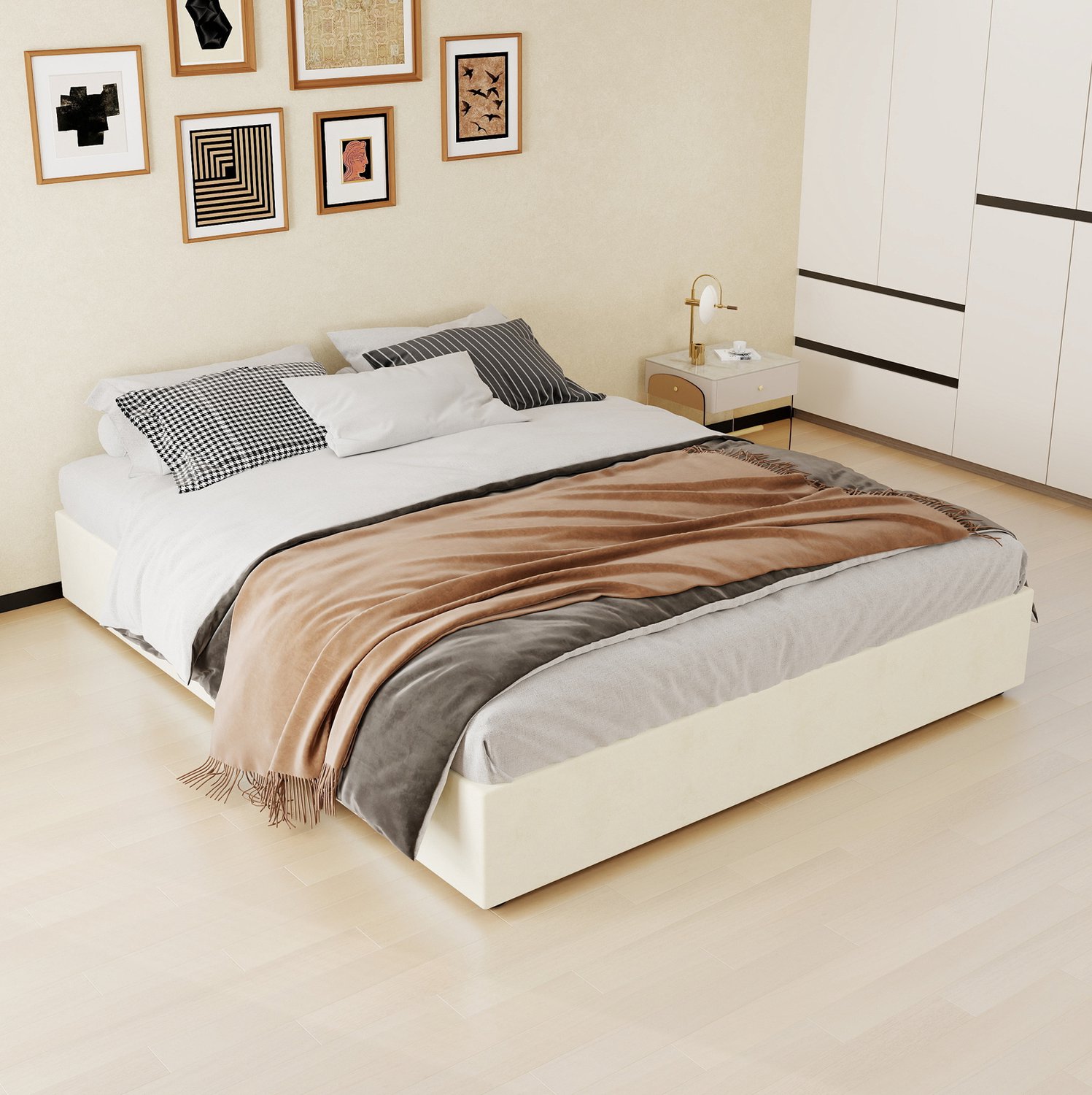CHICFURN Bedframe 160x200 cm - gaslift - beige - zonder hoofdbord en matras