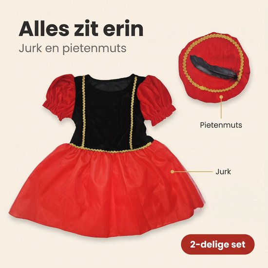 2-delige set Pietenjurk: zwart-rode jurk met gouden accenten en bijpassende muts met veer.