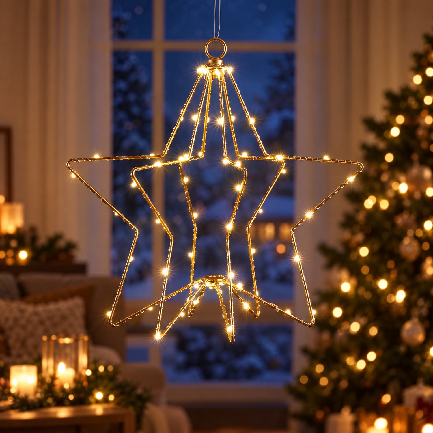 Cheqo® LED Kerstster met Kerstlampjes - Gouden Kerstster met Verlichting - Verlichte 3D Ster Hangend op Batterijen - Kerstverlichting voor Binnen - Kerstdecoratie - Sfeerverlichting - Raamdecoratie - Warm Wit Licht - Kerstfiguur