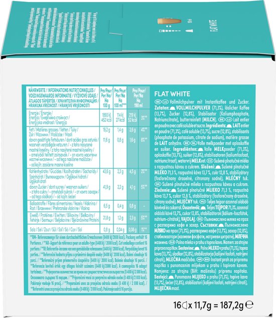 Verpakking NESCAFÉ Dolce Gusto Flat White met ingrediënten en voedingsinformatie.