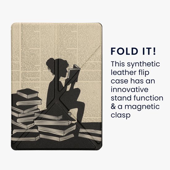 kwmobile e-reader hoesje geschikt voor Kobo Aura ONE hoes - Ereader flip case met standaard - E reader cover van kunstleer - In zwart / beige — afbeelding 3