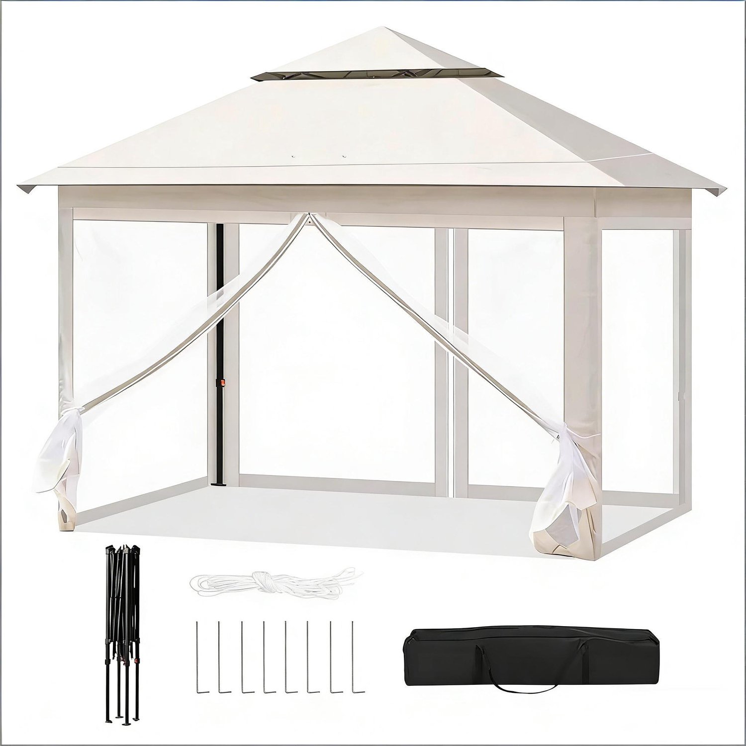 Opvouwbare partytent 3x3 meter - Afneembaar muggengaas - Dubbel ventilatiedak en stalen frame - Voor tuin en terras - Beige