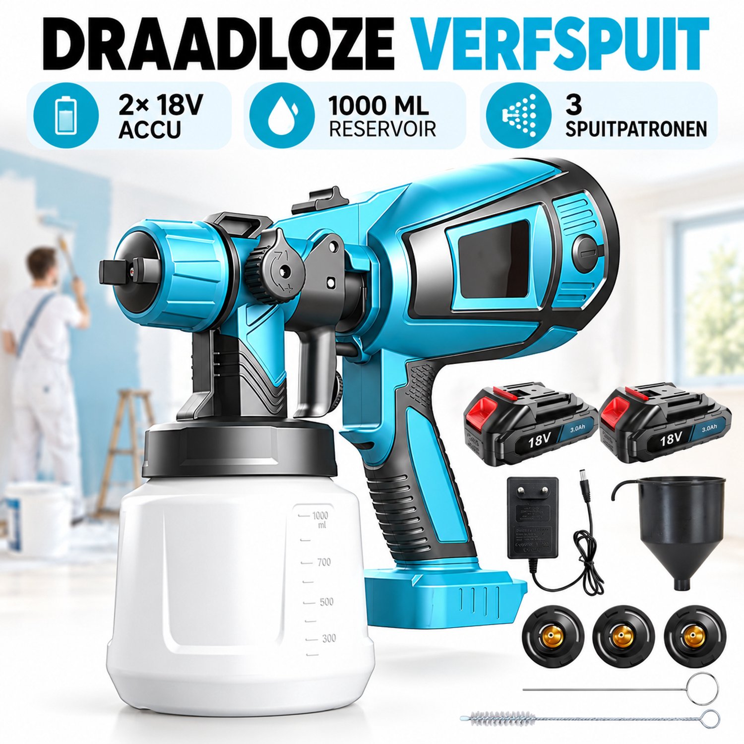 Accu Verfspuit 18V met 2x 3.0Ah Accu – Draadloos Verfpistool met 1000 ml Reservoir, 3 Koperen Sproeiers en 3 Spuitpatronen – Voor Muren, Hout, Schuttingen en Meubels