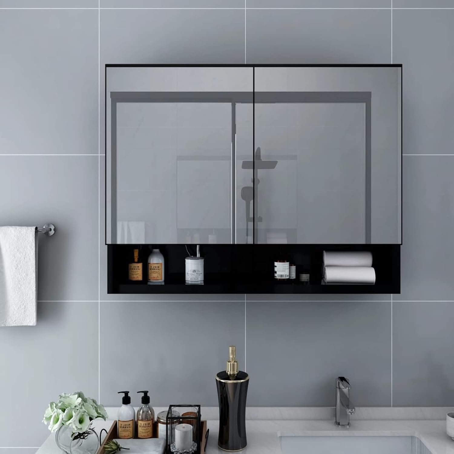 Aliberkast badkamer met verlichting, badkamerkast, badkamerkast, badkamerspiegelkasten, badkamerspiegelkast, badkamerspiegelkast, zwart 80 x 15 x 60 cm MDF