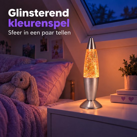 Cheqo® Glitterlamp - Lavalamp - Kleur Veranderend - Kleurwisselend - Sfeerlamp - Nachtlamp - Kinderlamp - Tafellamp met Glitters - Sfeerlicht - Multicolor - Zilver - Cadeau voor Kinderen - Meisjes en Jongens - Slaapkamer - Kinderkamer — afbeelding 2