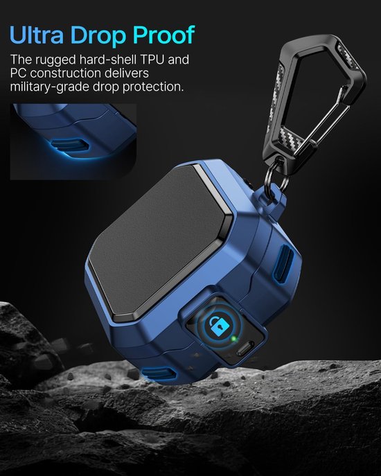 Beschermd Hoesje Voor Samsung Galaxy Buds 4 Pro/Buds 4 (Blauw) | Veiligheidssluiting Case met Carbonvezelontwerp, Inclusief Reinigingsset & Karabijnhaak — afbeelding 2
