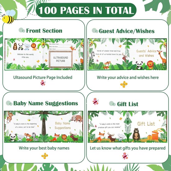 27 stuks jungle safari babyshower gastenboek set babyshower login gast bos babyshower boek plaats tafelkaarten met gouden pen zelfklevende fotohoek voor verjaardag babyshower, 100 pagina's — afbeelding 3