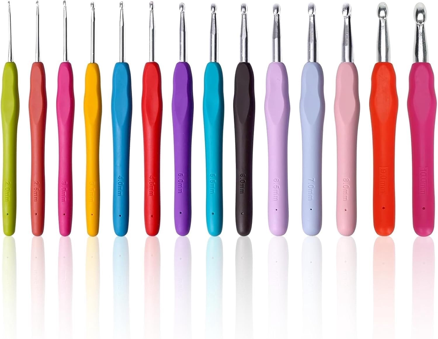 Set van 14 Haaknaalden van 2 mm tot 10 mm, Aluminium met Ergonomische Grip, Kleurige Haakset voor Beginners en Ervaren Hakers, Handwerk Gereedschap en DIY Projecten
