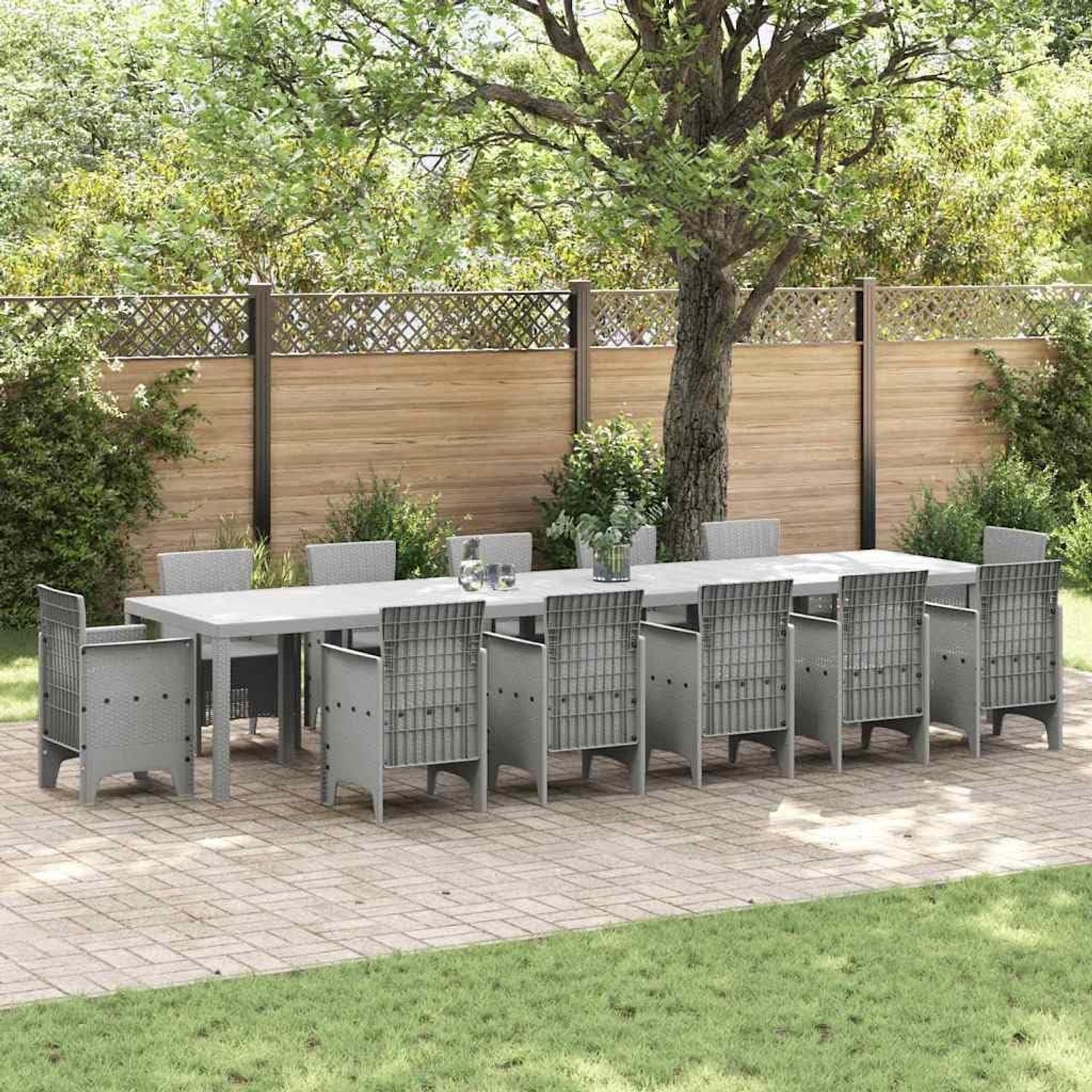 Tuintafel lichtgrijs 400 x 100 x 73 cm van polyrotan met stalen frame voor terras tuin buiten stabiel rechthoekig tafelblad voor eetkamer en gezelligheid