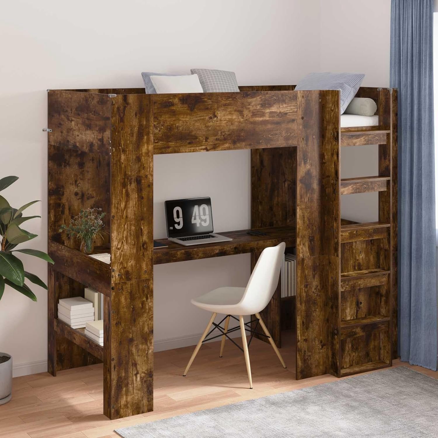 Hout Ruimtebesparend met bureau Loftbed Gerookt eiken 80 x 200 cm