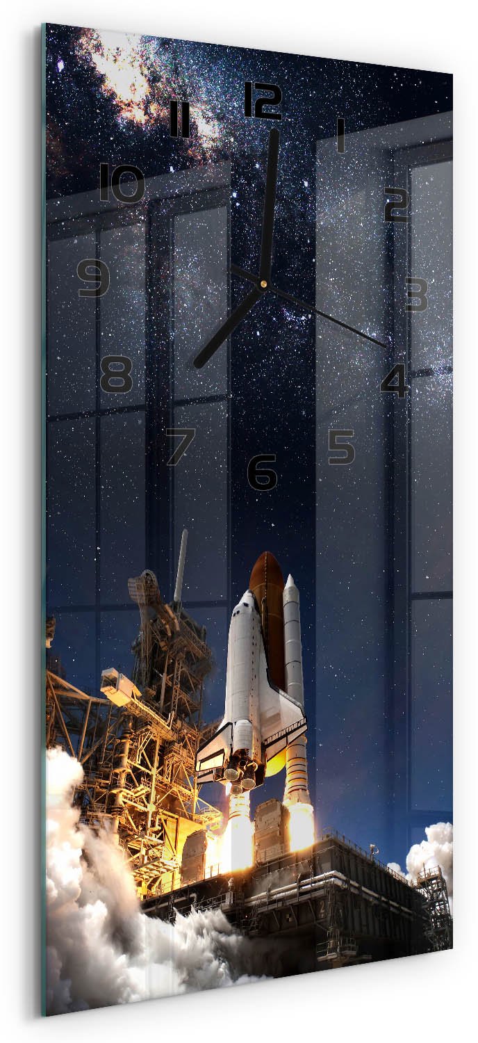 Tulup Wandklok - Lanceer een raket Wandklok Glas Decoratie - 30x60 cm - Geel Gekleurde Glazen Klok - Zwarte handen - Rechthoekige Klok - Klok Glas Met Opdruk - Moderne Wandklok Glas