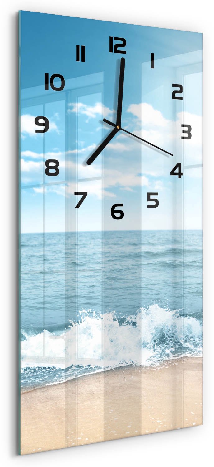 Tulup Wandklok - Strand Glazen Wandklok Design - 30x60 cm - Blauw Klok Glas Met Opdruk - Zwarte handen - Rechthoekige Klok - Wandklok Glas Met Motief - Decoratieve Glazen Klok