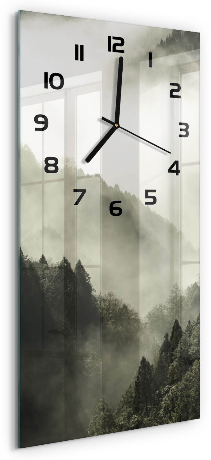 Tulup Wandklok - Mist boven het bos Klok Glas Met Opdruk - 30x60 cm - Zwart-wit Moderne Wandklok Glas - Zwarte handen - Rechthoekige Klok - Decoratieve Glazen Klok - Glazen Wandklok Design
