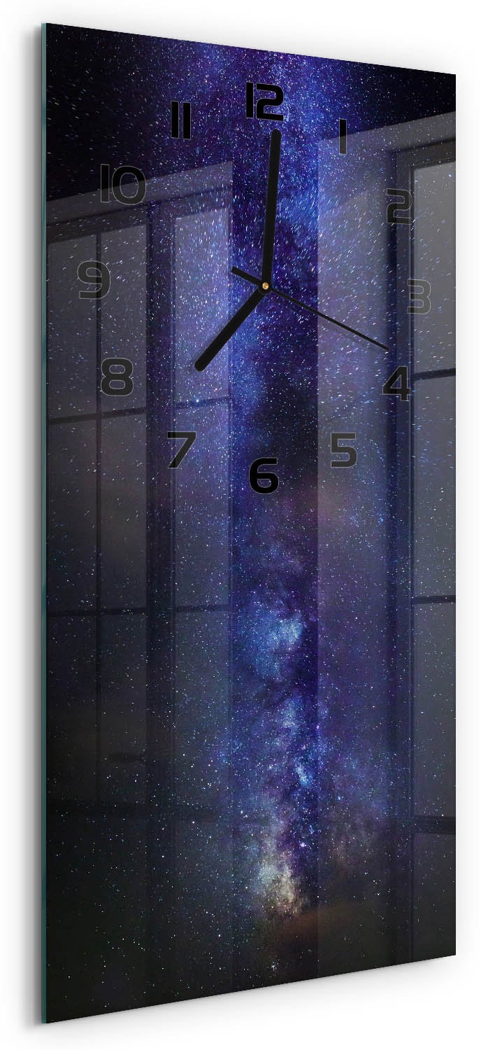 Tulup Wandklok - Melkweg Gekleurde Glazen Klok - 30x60 cm - Paars Glazen Klok Met Print - Zwarte handen - Rechthoekige Klok - Moderne Wandklok Glas - Wandklok Glas Decoratie