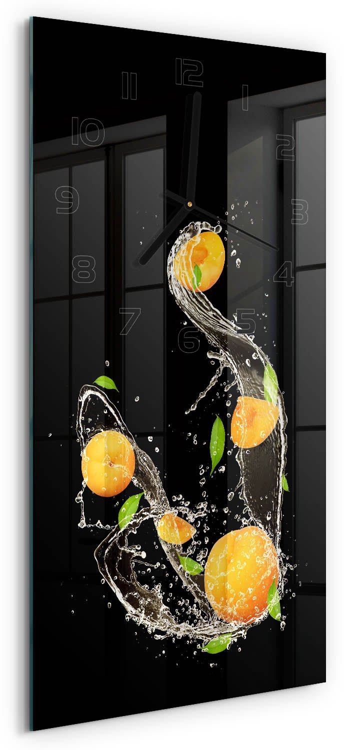 Tulup Wandklok - Abrikozen en water Decoratieve Glazen Klok - 30x60 cm - Oranje Glazen Wandklok Design - Zwarte handen - Rechthoekige Klok - Glazen Klok Met Print - Wandklok Glas Met Motief