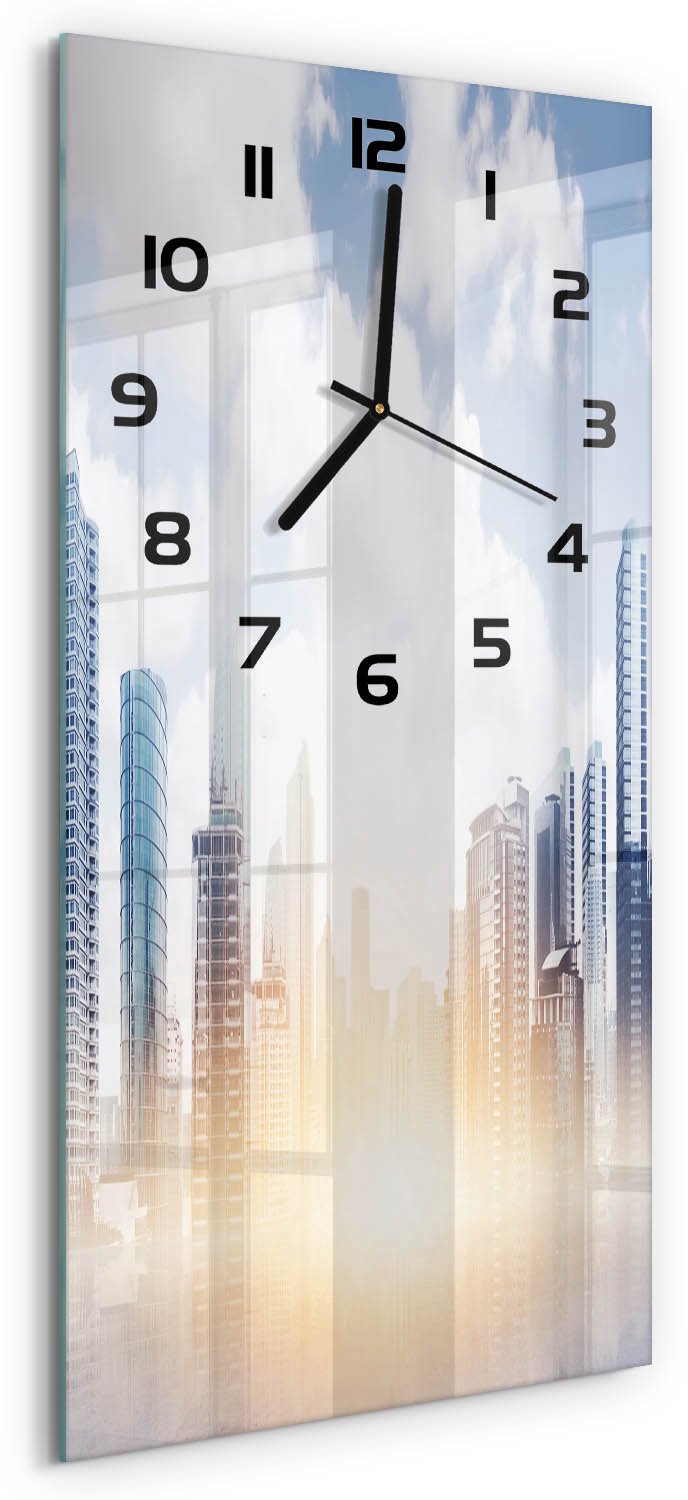 Tulup Wandklok - Wolkenkrabber Wandklok Glas Met Motief - 30x60 cm - Blauw Decoratieve Glazen Klok - Zwarte handen - Rechthoekige Klok - Gekleurde Glazen Klok - Glazen Klok Met Print