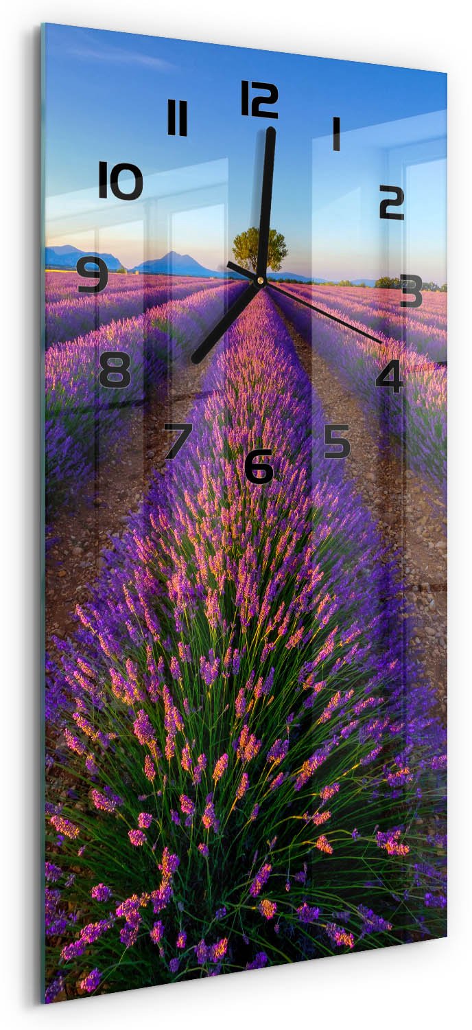 Tulup Wandklok - Lavendelveld Wandklok Glas Met Motief - 30x60 cm - Paars Decoratieve Glazen Klok - Zwarte handen - Rechthoekige Klok - Gekleurde Glazen Klok - Glazen Klok Met Print