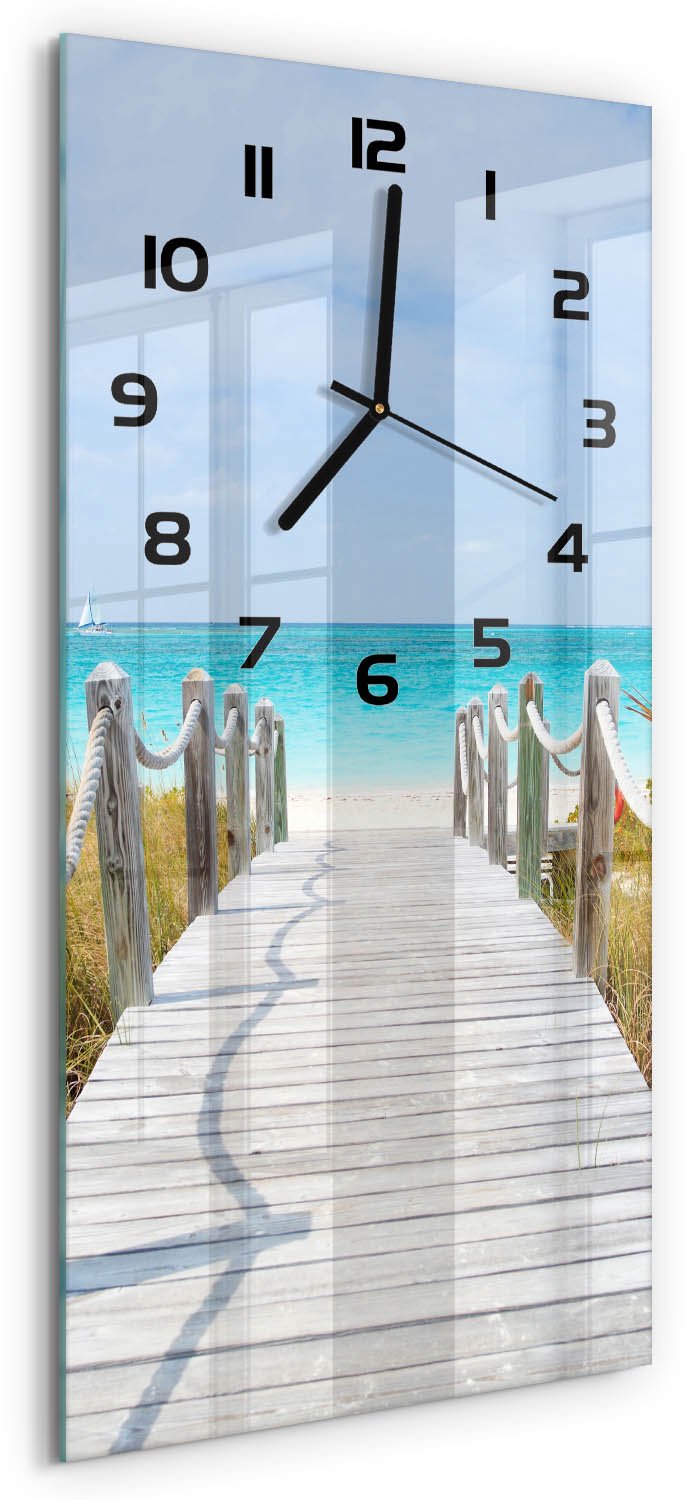 Tulup Wandklok - De weg naar het strand Glazen Wandklok Design - 30x60 cm - Blauw Klok Glas Met Opdruk - Zwarte handen - Rechthoekige Klok - Wandklok Glas Met Motief - Decoratieve Glazen Klok