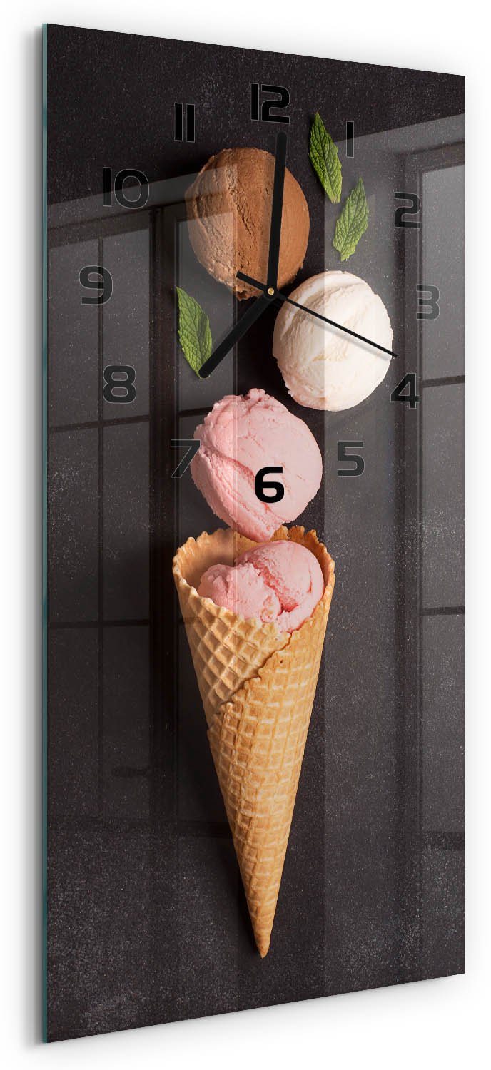 Tulup Wandklok - IJs in een wafelhoorntje Glazen Wandklok Design - 30x60 cm - Zwart Klok Glas Met Opdruk - Zwarte handen - Rechthoekige Klok - Wandklok Glas Met Motief - Decoratieve Glazen Klok