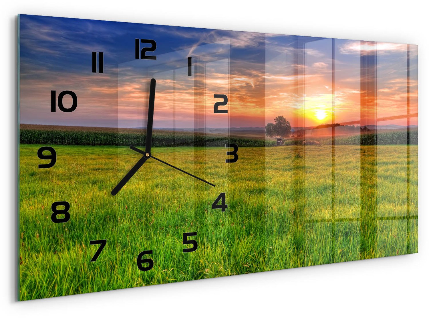 TULUP Wandklok - Zonsondergang Glazen Klok Met Print - 60x30 cm - Groente Wandklok Glas Met Motief - Zwarte handen - Rechthoekige Klok - Wandklok Glas Decoratie - Gekleurde Glazen Klok