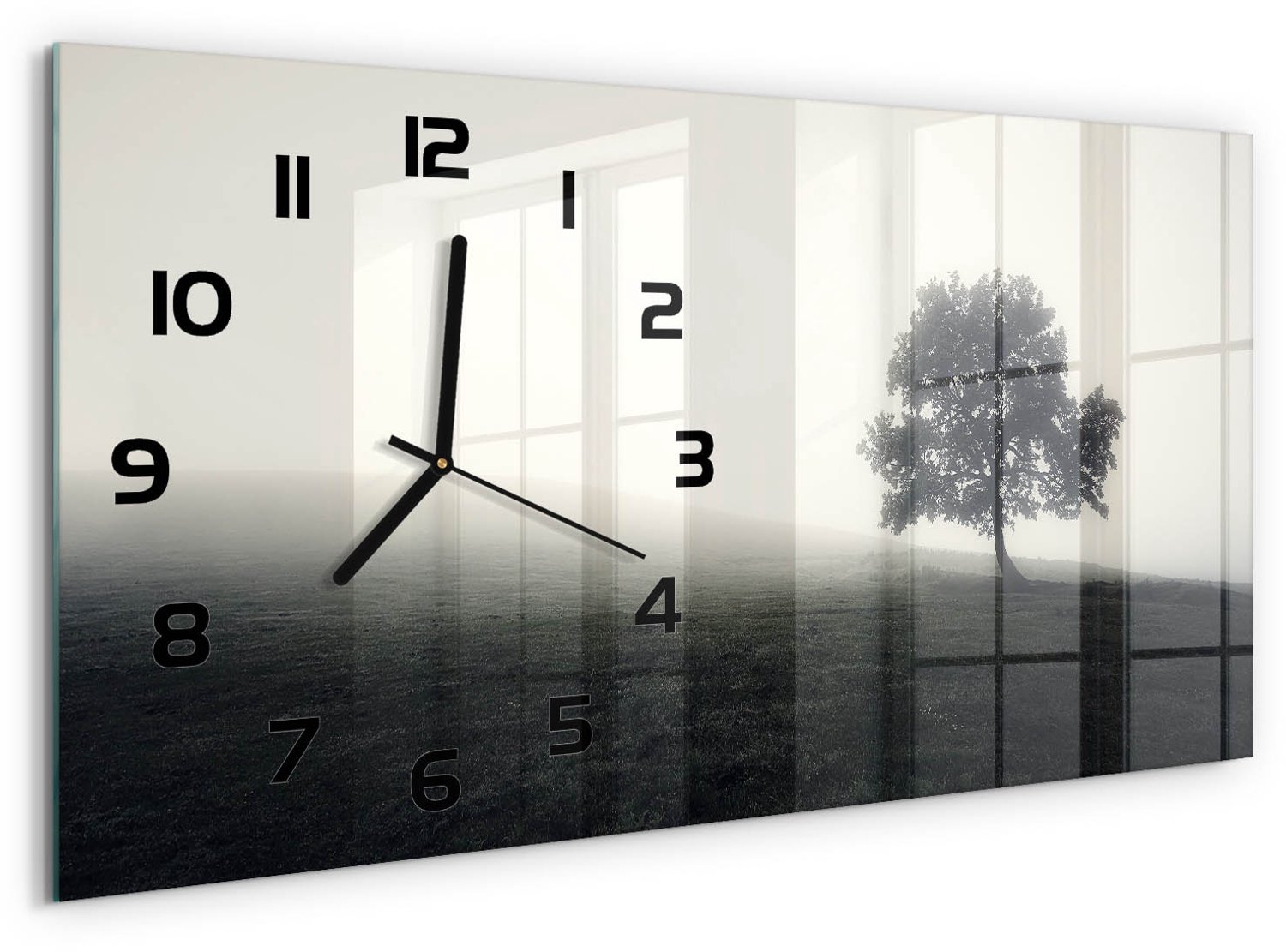 TULUP Wandklok - Eenzame boom Wandklok Glas Met Motief - 60x30 cm - Grijs Decoratieve Glazen Klok - Zwarte handen - Rechthoekige Klok - Gekleurde Glazen Klok - Glazen Klok Met Print