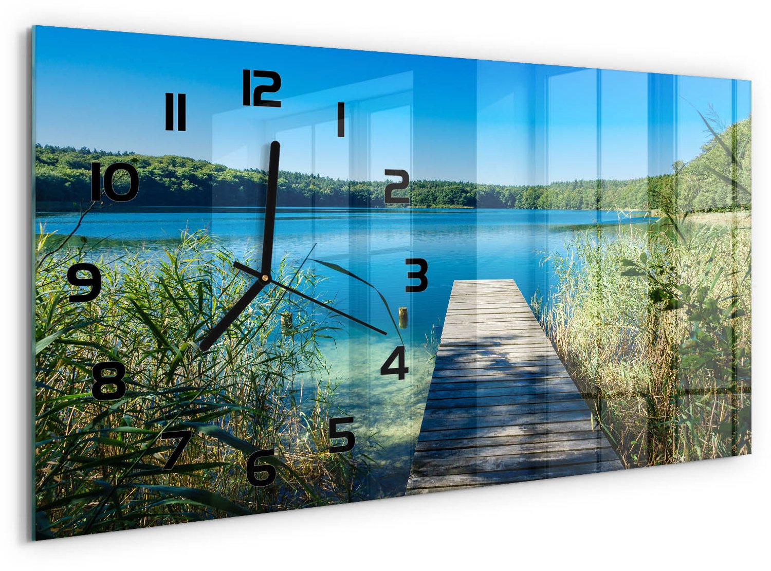 TULUP Wandklok - Steiger aan het meer Moderne Wandklok Glas - 60x30 cm - Blauw Wandklok Glas Decoratie - Zwarte handen - Rechthoekige Klok - Glazen Wandklok Design - Klok Glas Met Opdruk