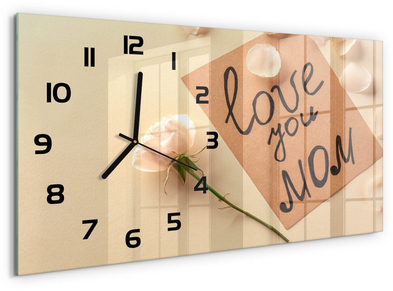 TULUP Wandklok - Moederdag Gekleurde Glazen Klok - 60x30 cm - Beige Glazen Klok Met Print - Zwarte handen - Rechthoekige Klok - Moderne Wandklok Glas - Wandklok Glas Decoratie